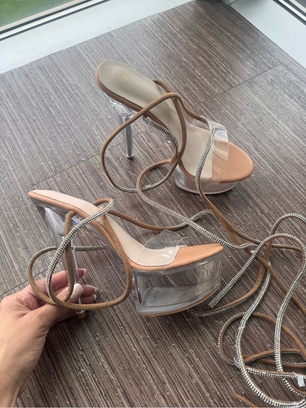 SHEIN Nude Clear Platform Lace-Up Heels with Rhinestone Straps